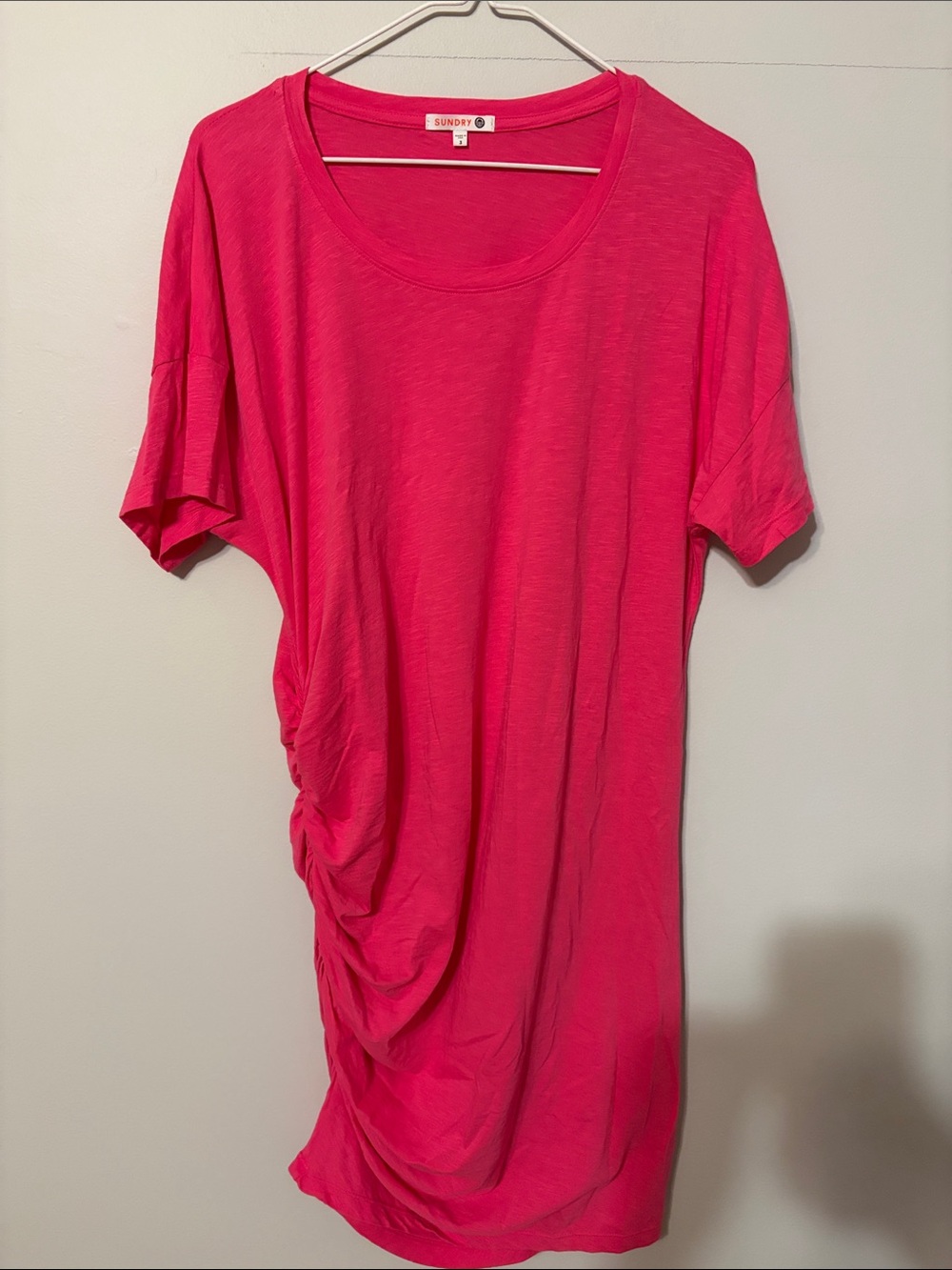 Sunday Hot Pink Ruched-Side Short Sleeve Tee dress. Cotton/spandex. Large(3).